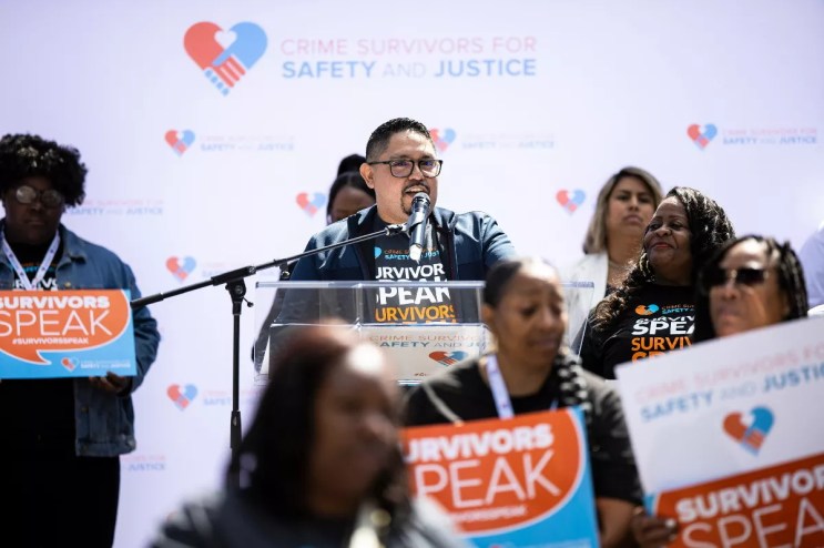 Danny Montes from the Crime Survivors for Safety and Justice speaks to a crowd.