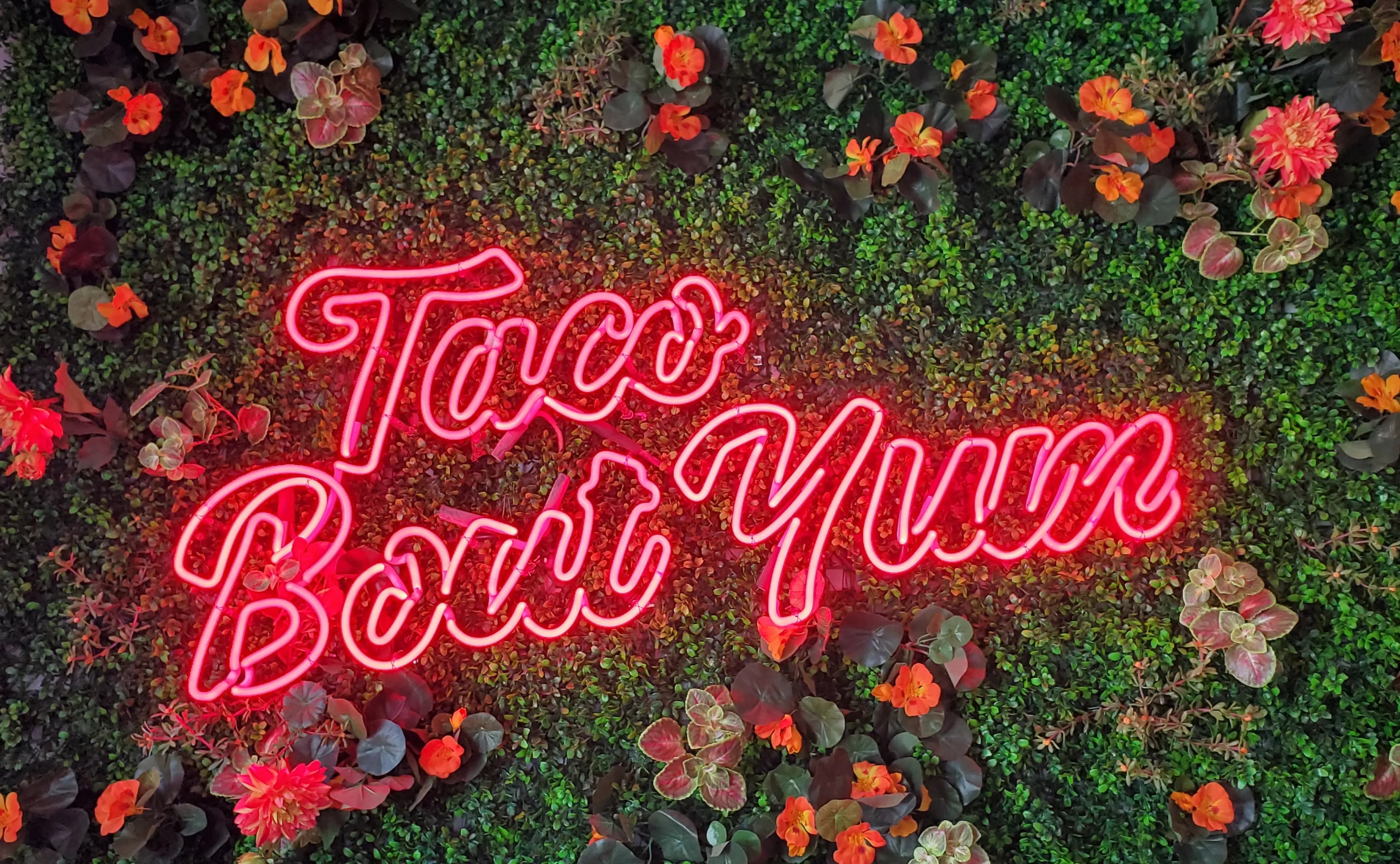 a neon sign in front of a leafy wall