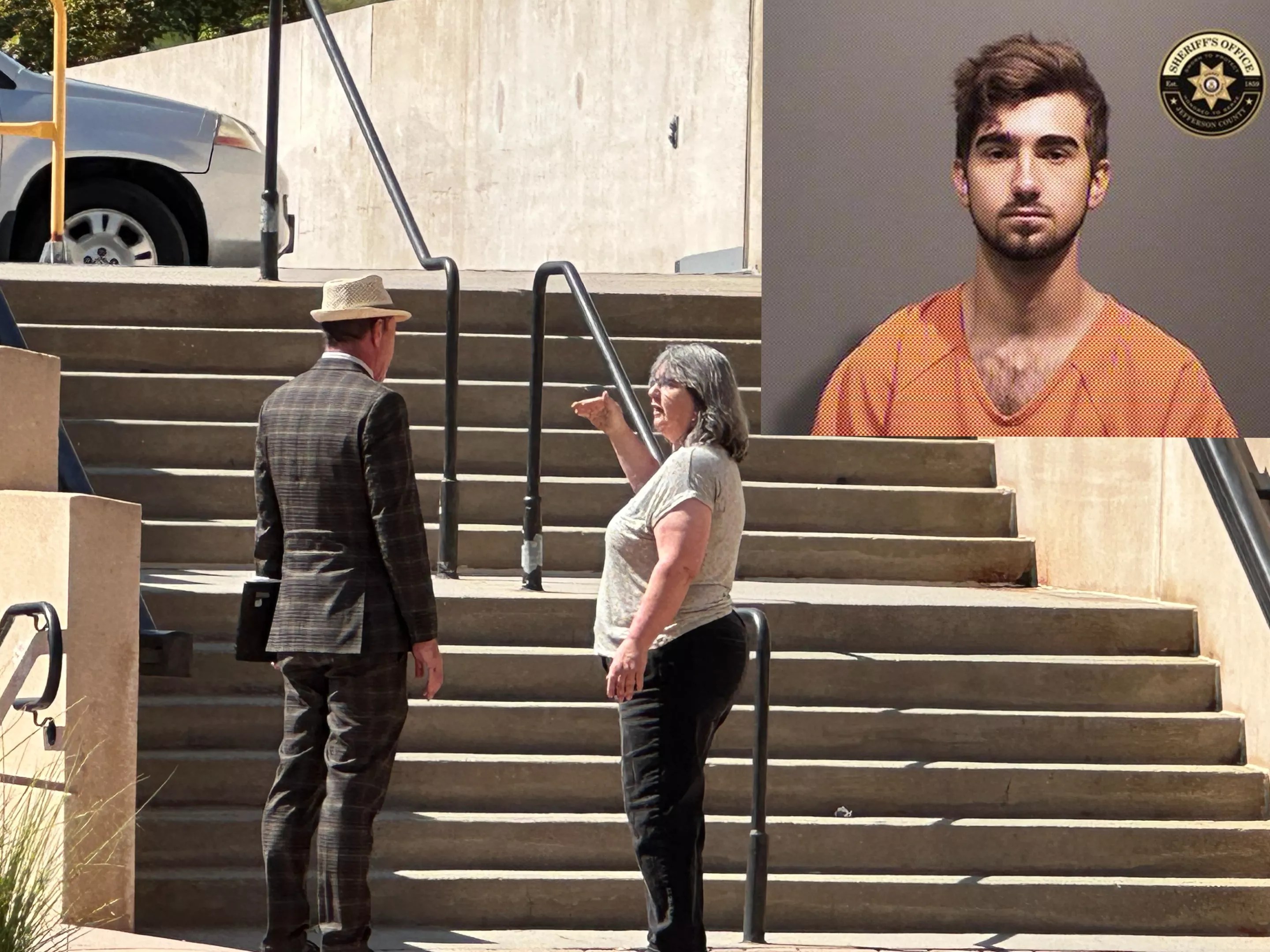 A photo composite of Glenn Braden's mugshot and a photo of his mother speaking with his attorney, Jeffery L. Weeden, after court Thursday, August 17.