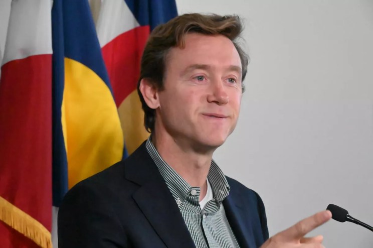 Denver Mayor Mike Johnston speaking at a press conference on homelessness on August 16, 2023.