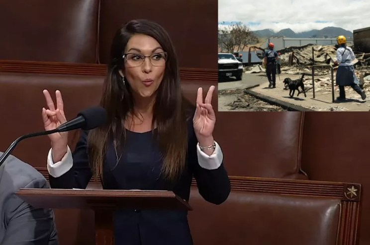 A photo composite of Colorado Congresswoman Lauren Boebert speaking in Washington, D.C., and destruction from the Maui wildfires.