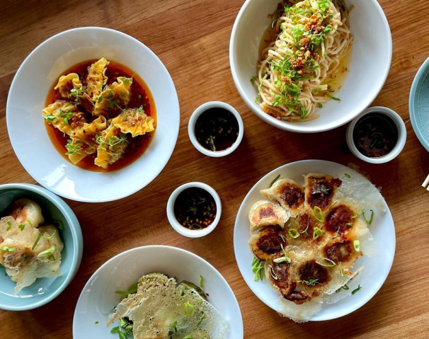 various plates of food on a table