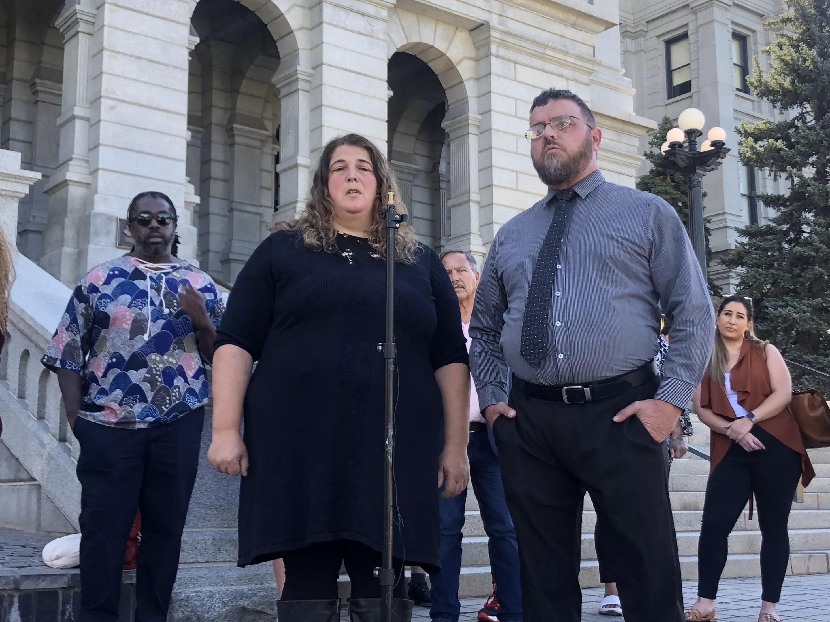 Kevin and Laura Poss speak at a press conference on September 7.