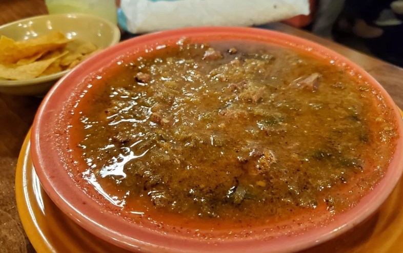 Green chile served with tortilla chips
