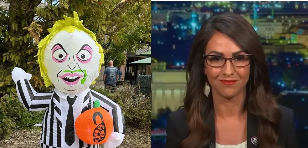 beetlejuice outfit on one side, lauren boebert on the other