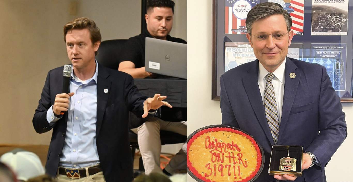 Two white men side-by-side. One wears a suit and button up without a tie. One wears the same with a tie.