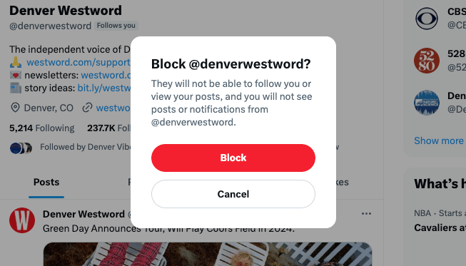 A screenshot of X, formerly Twitter, asking a user if they're sure they want to block @denverwestword