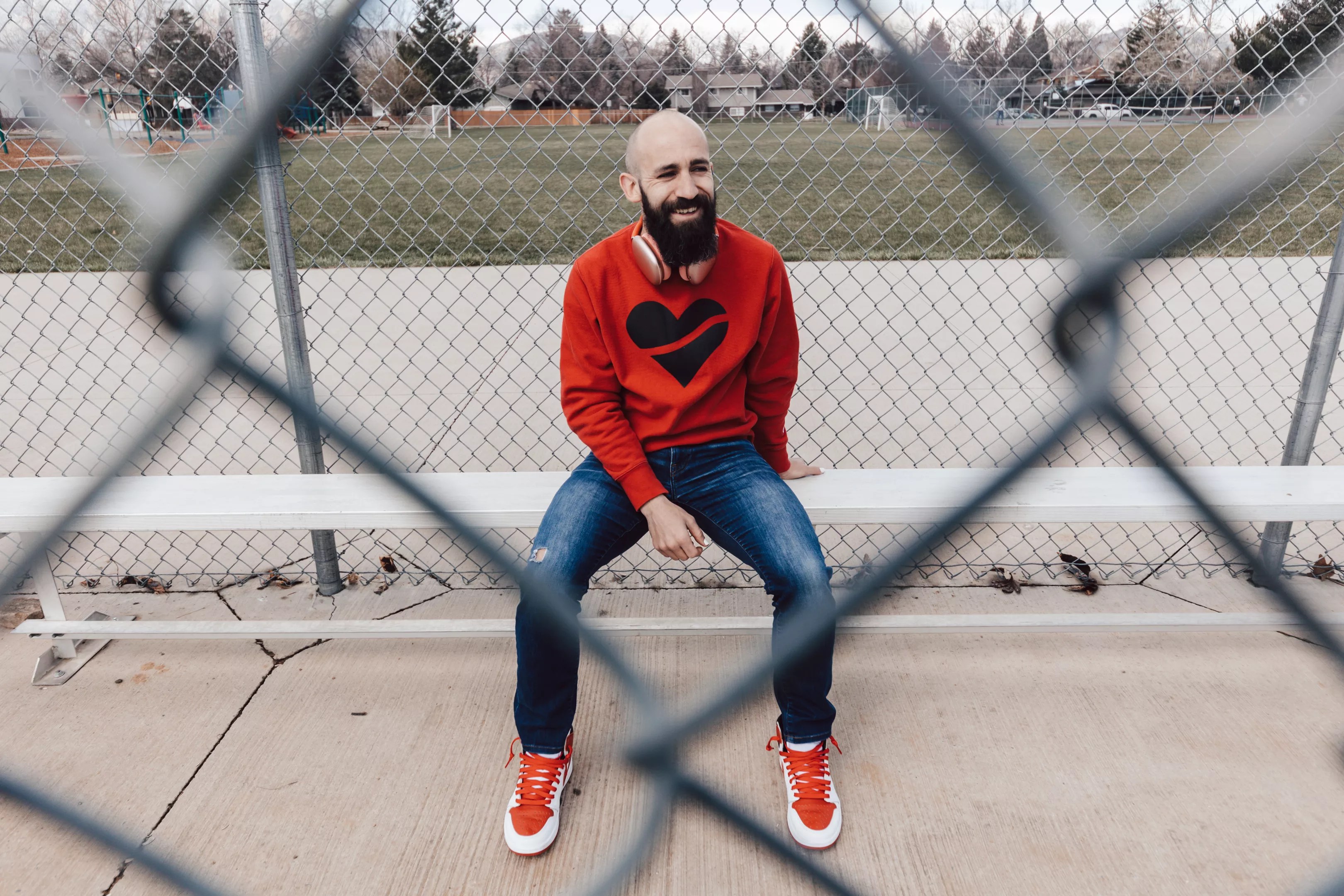 man in red sweatshirt