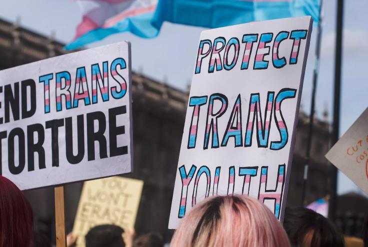 A protestor holds a sign that says "protect trans youth."