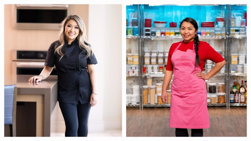 a photo of a woman in a black chefs coat next to a phot of a woman in a pink apron