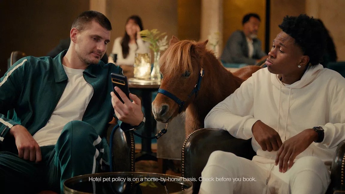Denver Nuggets stars Nikola Jokic and Peyton Watson in a commercial for Hotels.com.