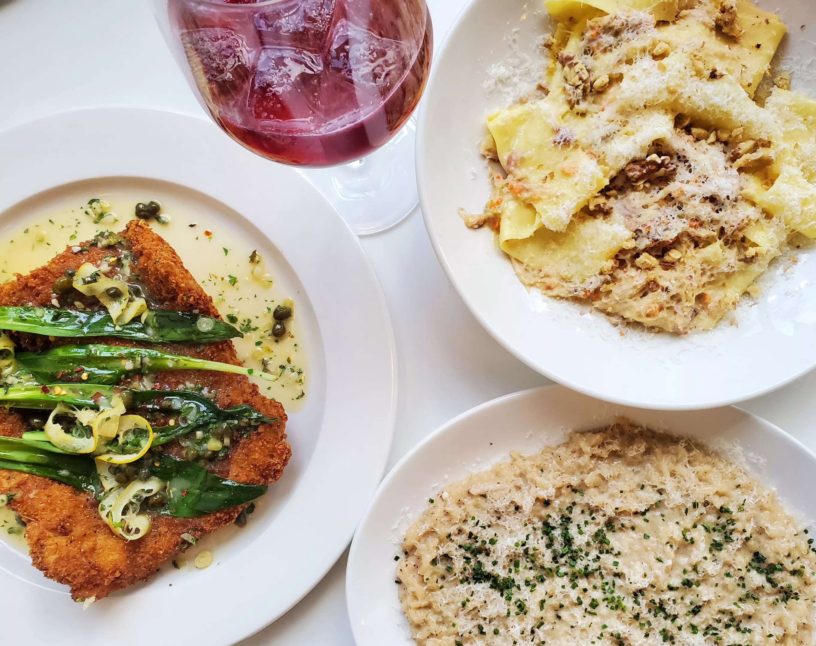 various food on white plates