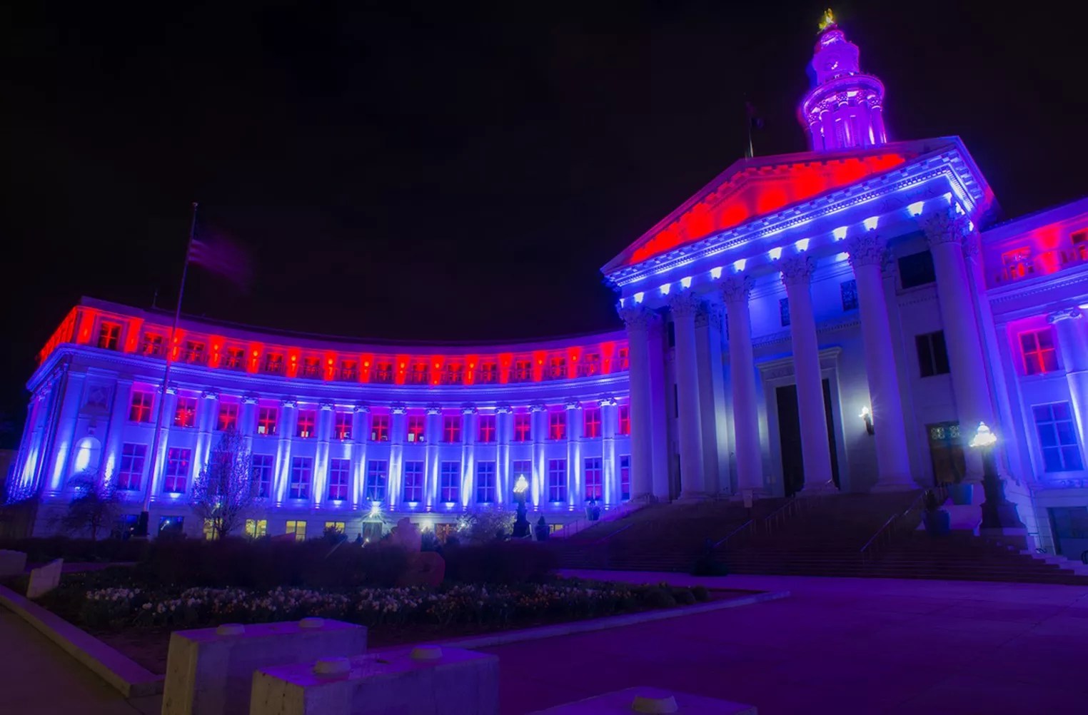 municipal building light blue and red