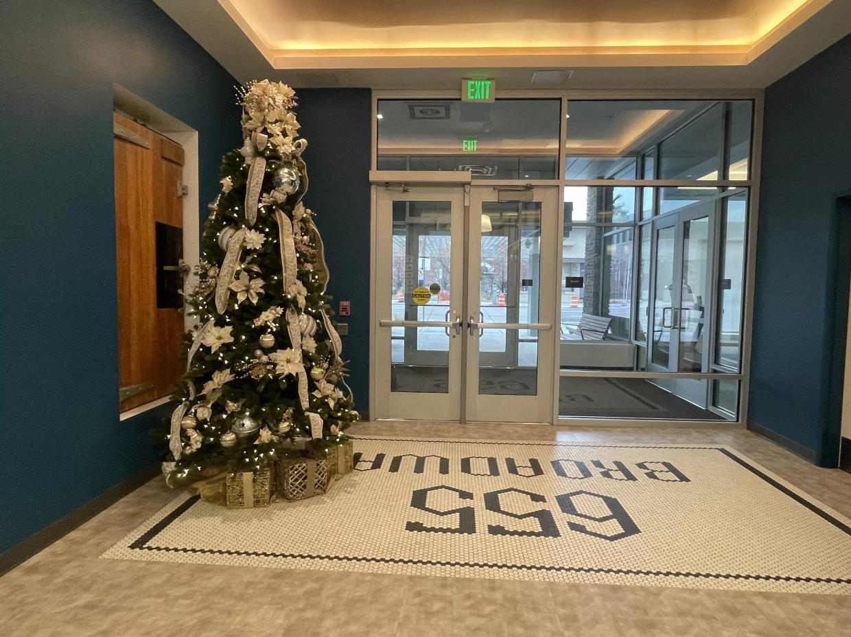 An entry way with special floor tiling.