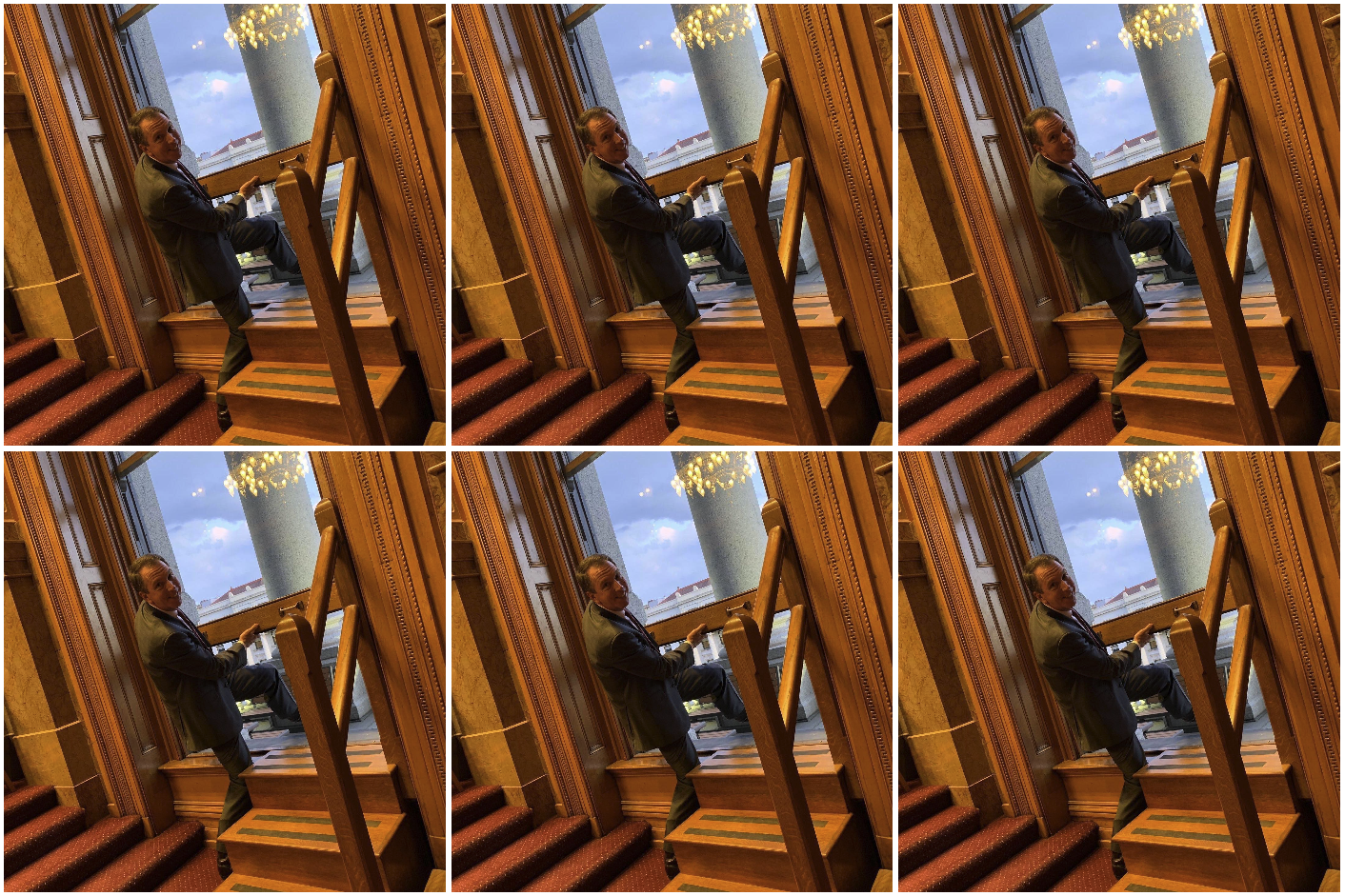 Senate Minority Leader Paul Lundeen climbing out a window in the Senate.