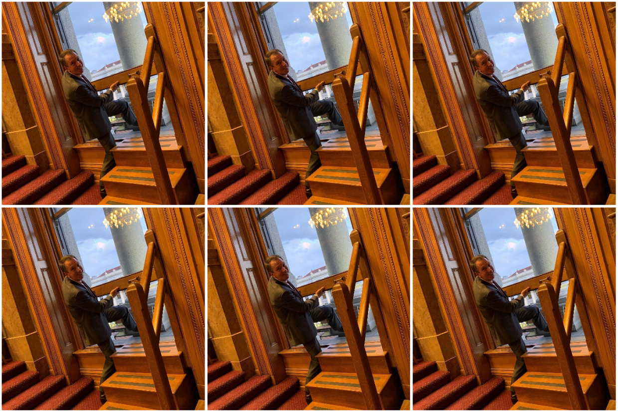 Senate Minority Leader Paul Lundeen climbing out a window in the Senate.