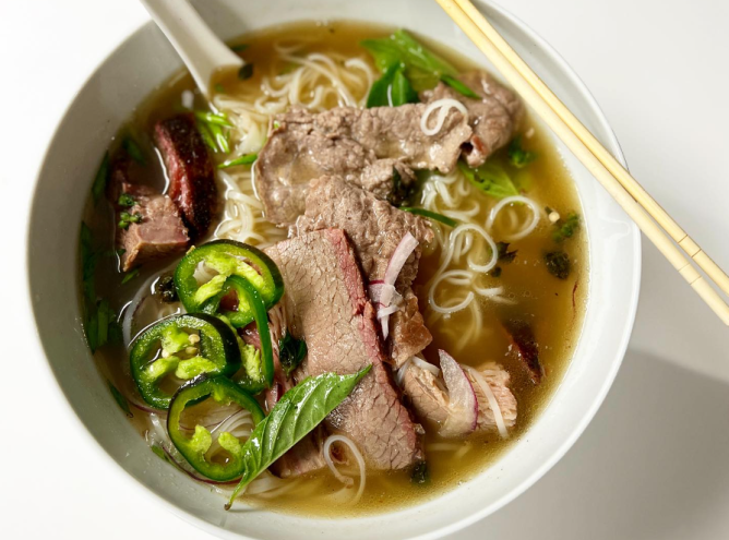 a bowl of beef pho