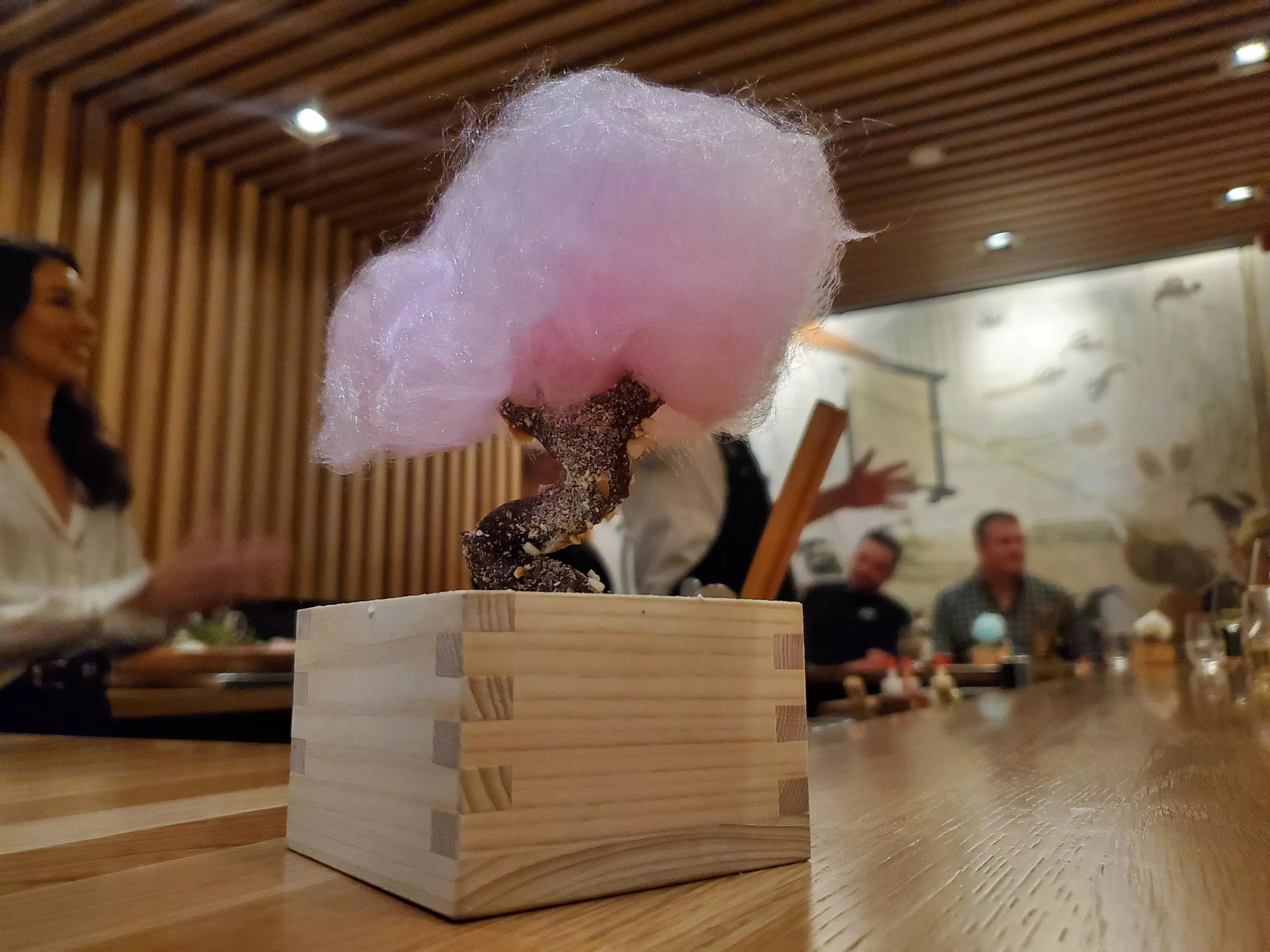 a tree made with a chocolate covered pretzel trunk and cotton candy