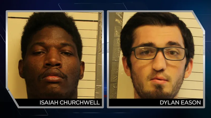 two mug shots, black man and white man in glasses.