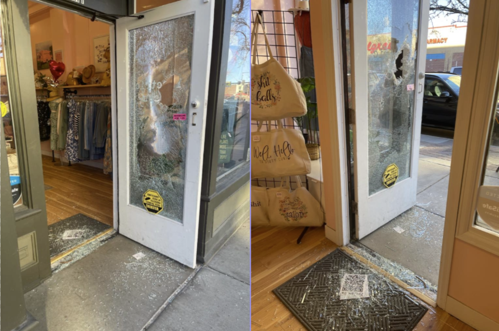 broken door glass outside the Electric Dream boutique