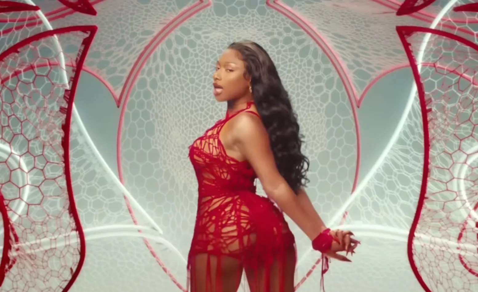 woman in a red bodysuit