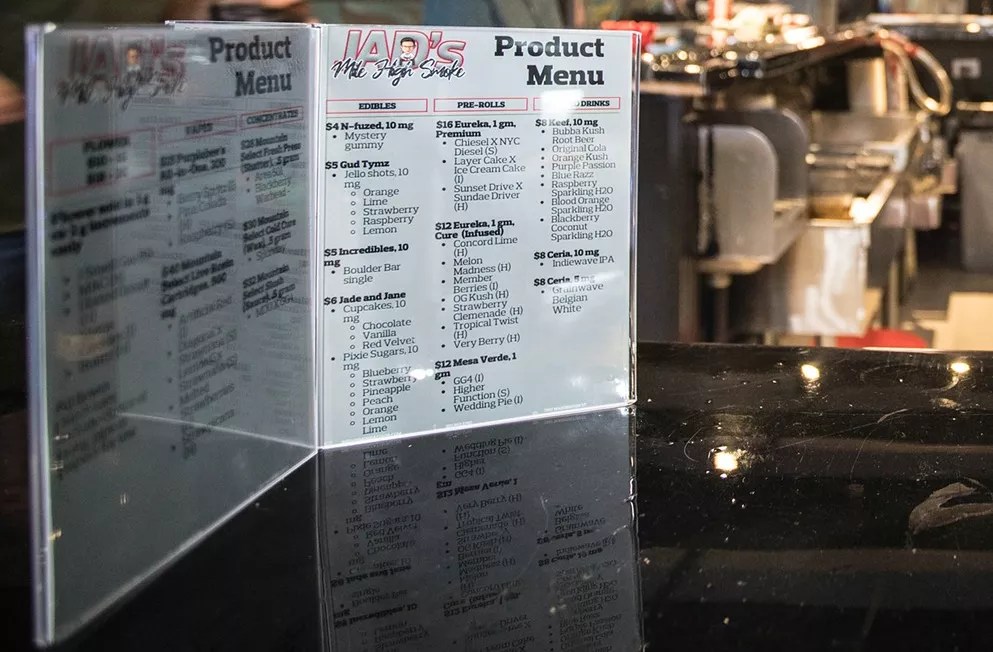 A cannabis menu at a weed bar in Colorado