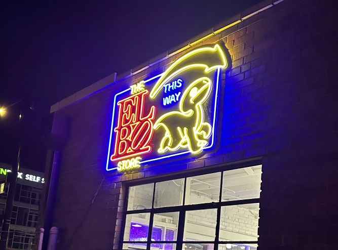 A neon sign for the Elbo Store in Denver, Colorado.