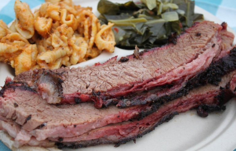 barbecue bisket, greens and mac and cheese