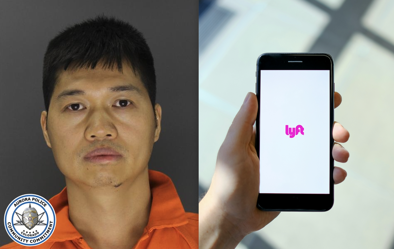 Shengfu Wu's mugshot next to a photo of a phone using the Lyft app.