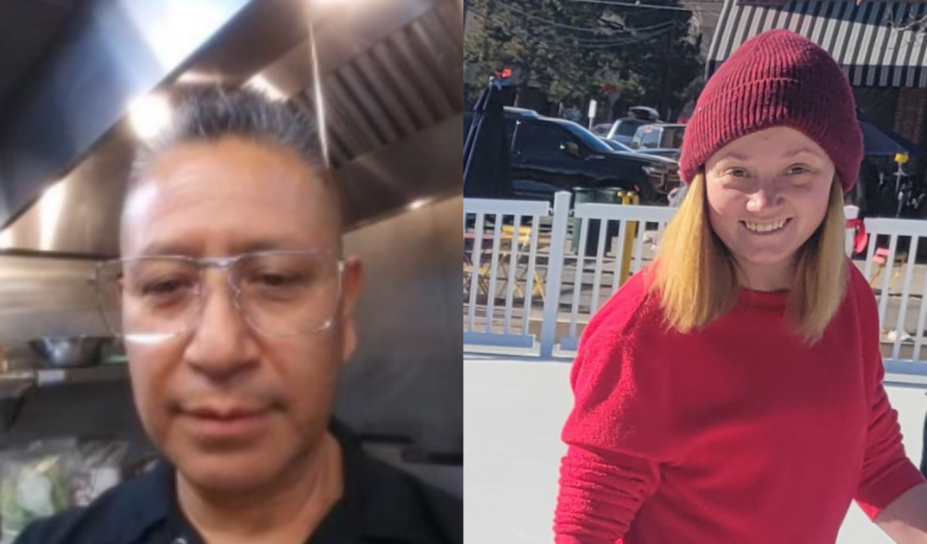 side-by-side photos of man in glasses, woman in red hat