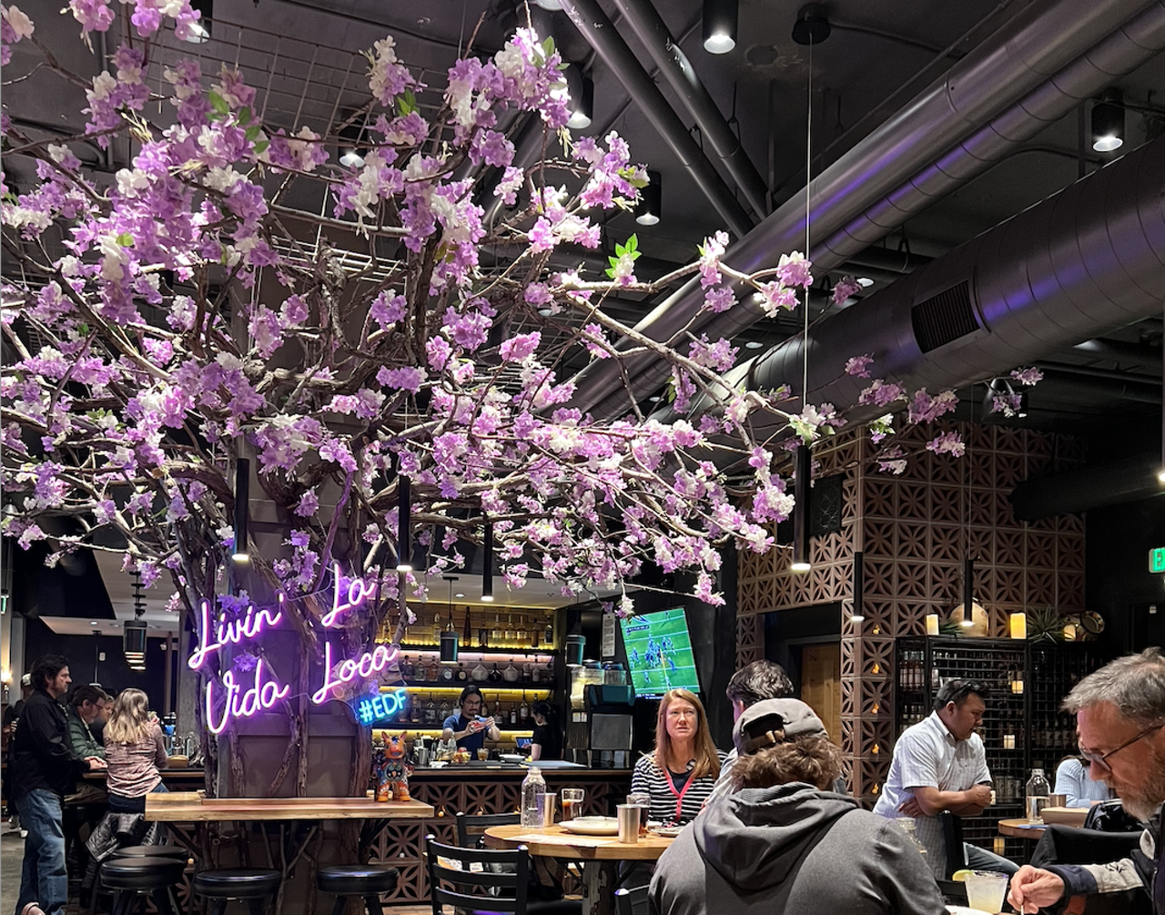 pink flowers in restaurant