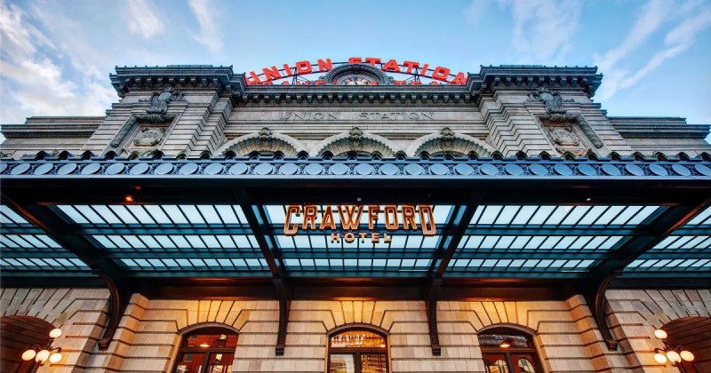 entrance to train station with hotel