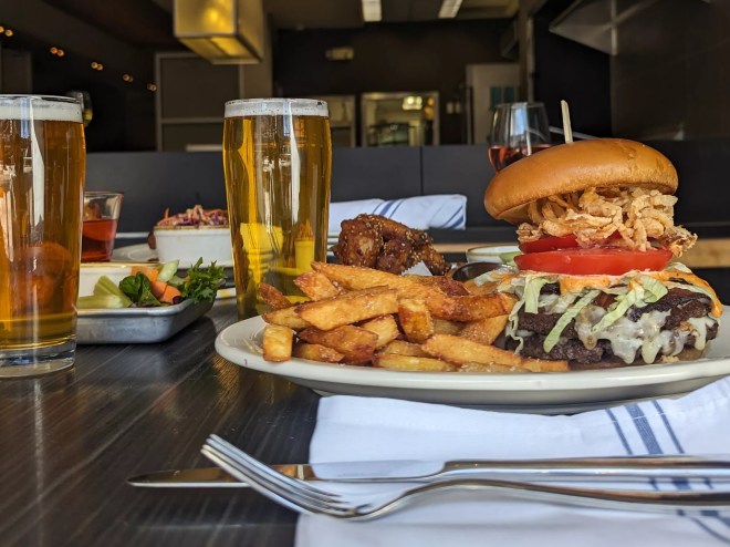 a burger, fries and glass of beer