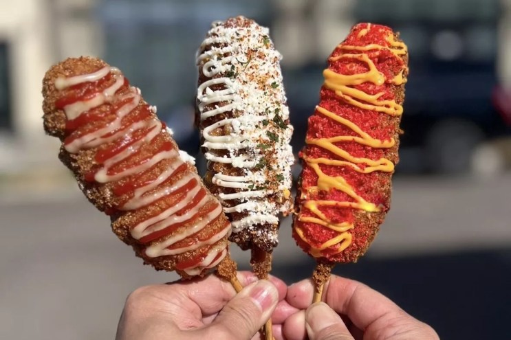 Hands holding up three Korean street dogs