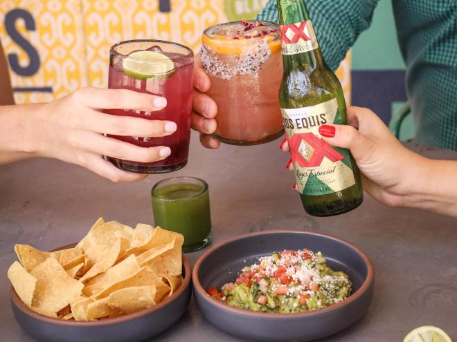 beer, margaritas, guacamole and chips