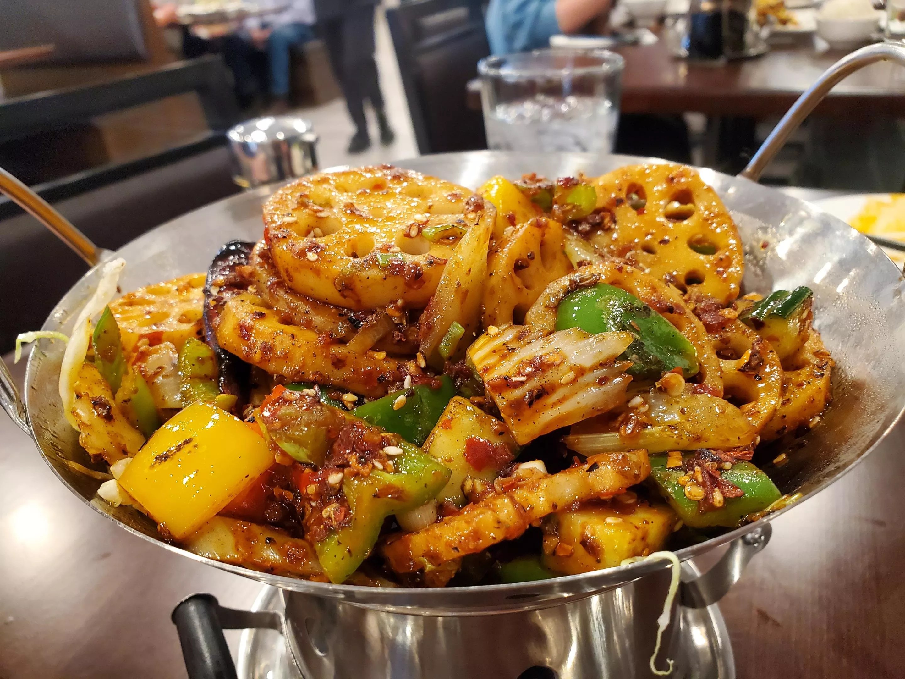lotus root and other veggies in a silver bowl