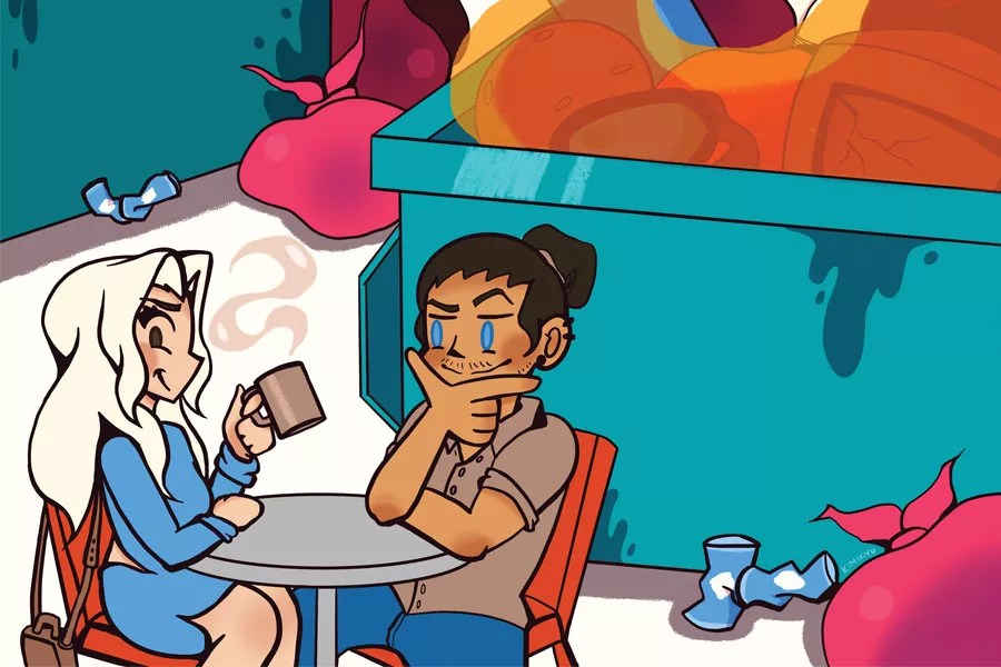 cartoon of dating couple in front of dumpster