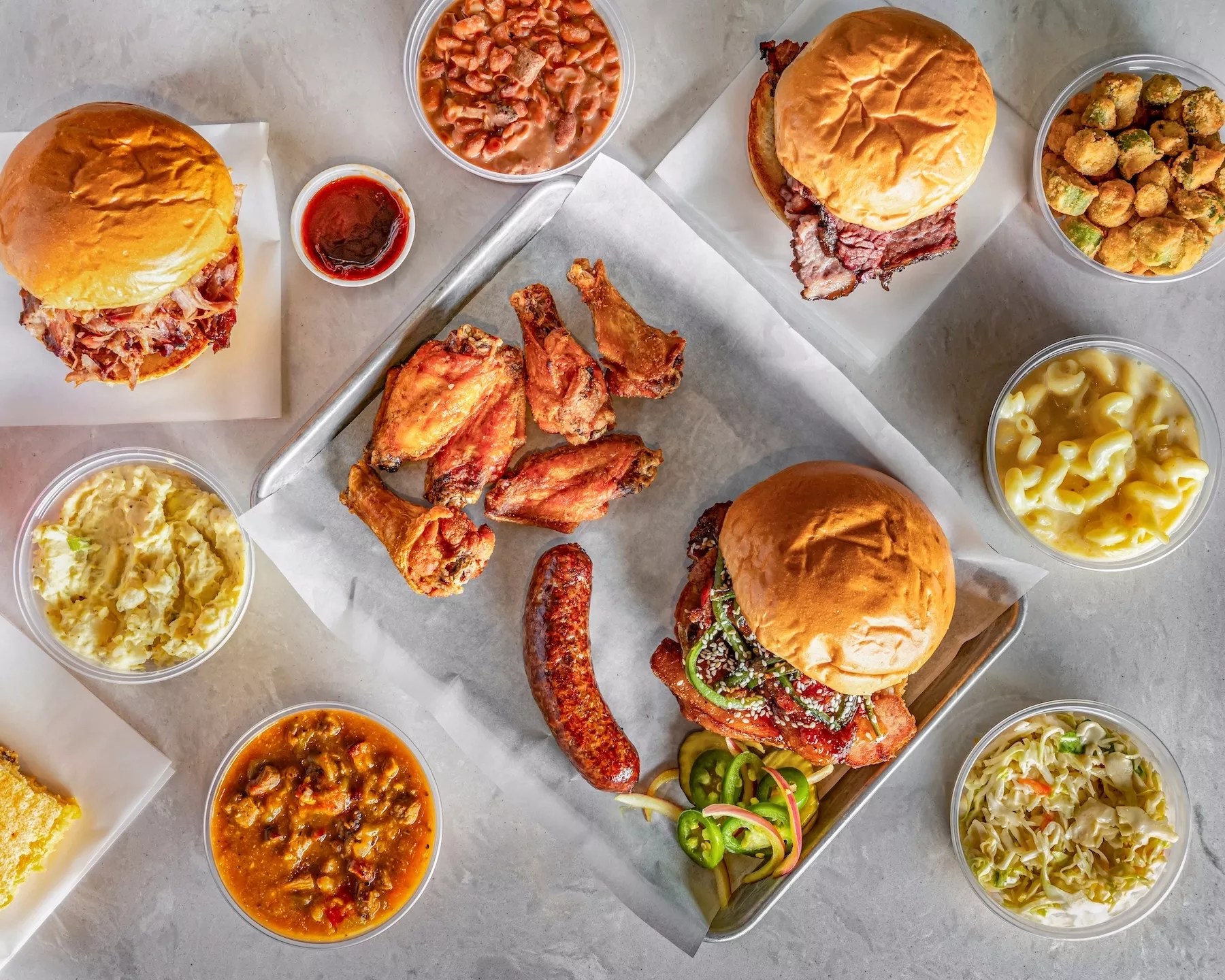 various barbecue sandwiches and sides