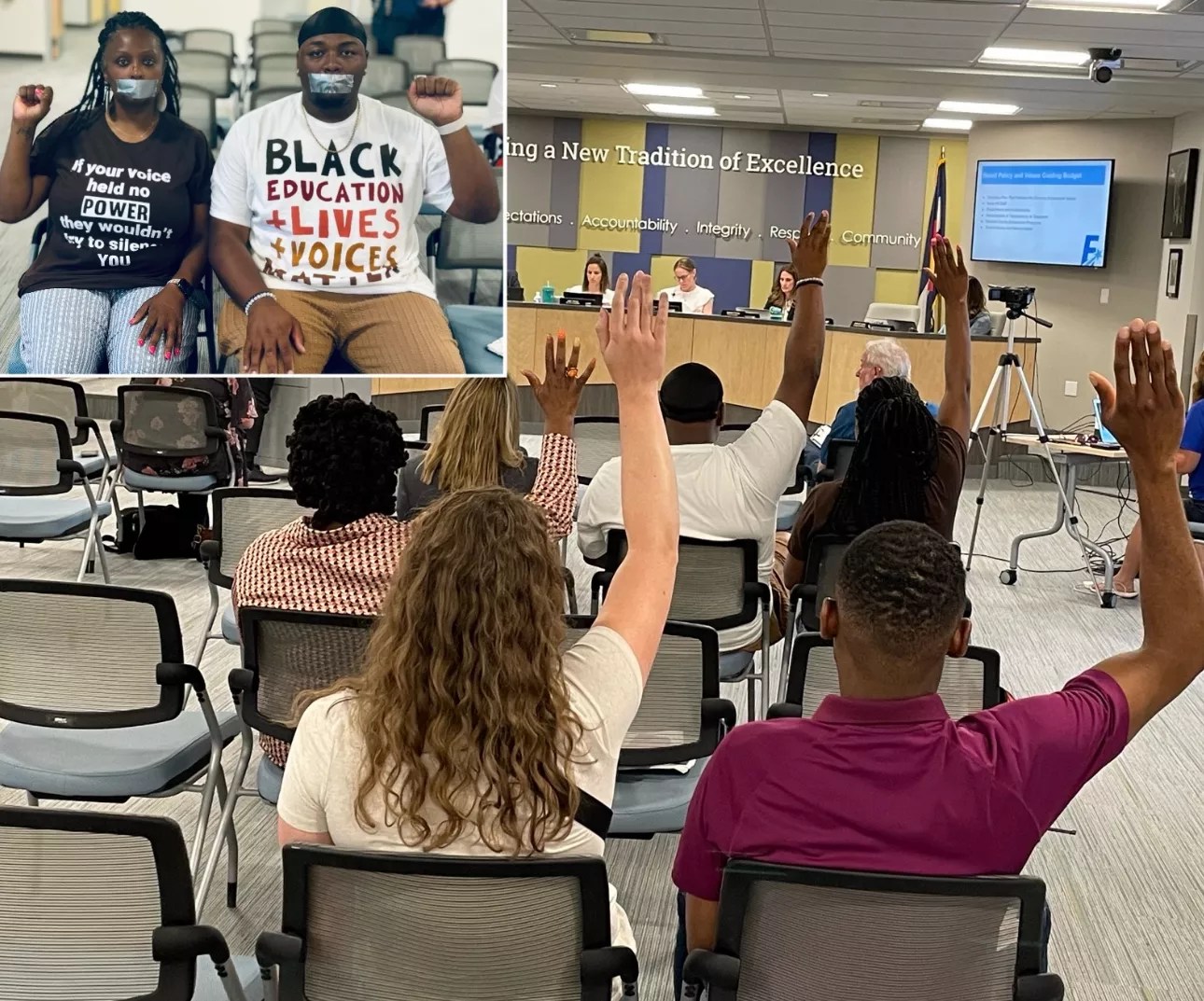 A photo collage showing people with their mouths taped and people raising their hands.