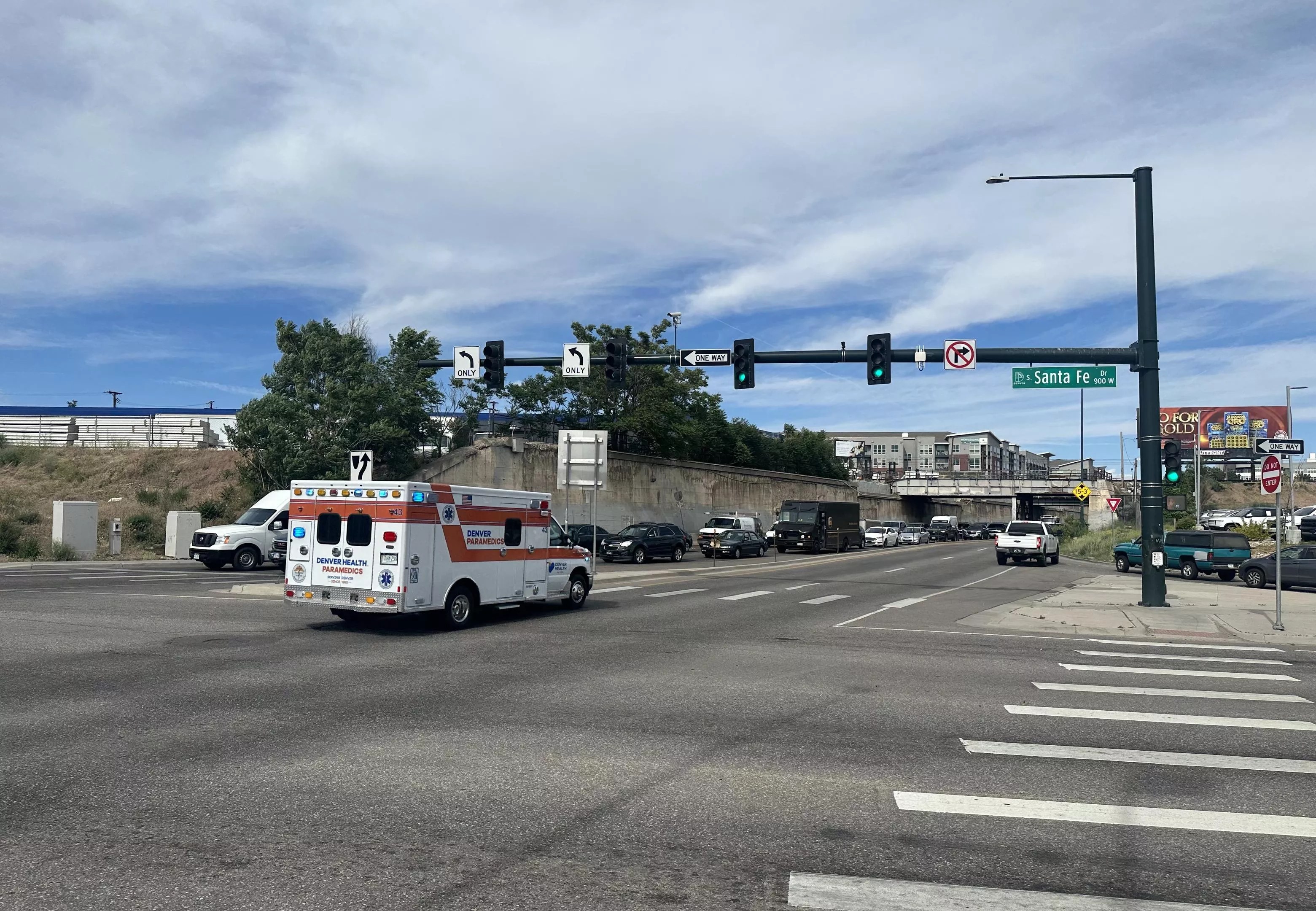 Denver Health ambulance at Santa Fe intersection