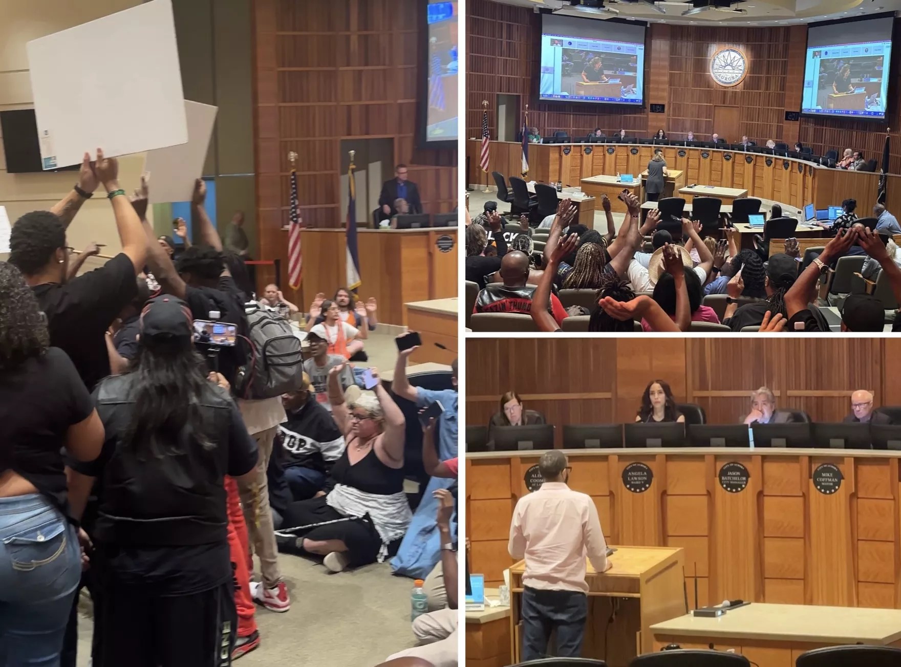Photo collage of Aurora City Council meeting over the police shooting death of Kilyn Lewis.