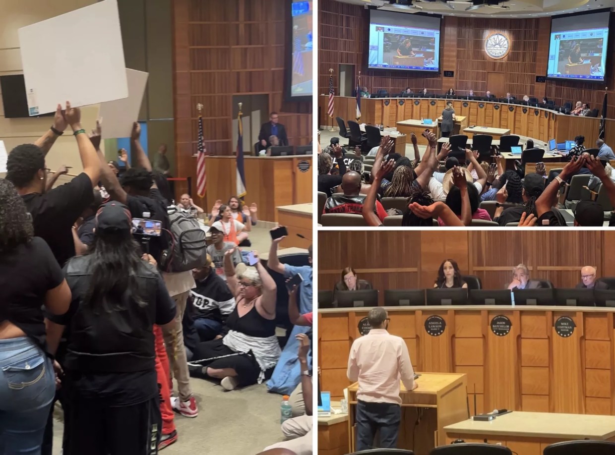 Photo collage of Aurora City Council meeting over the police shooting death of Kilyn Lewis.
