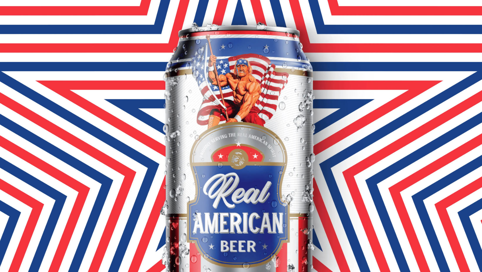 a can of beer in front of a red, white and blue background