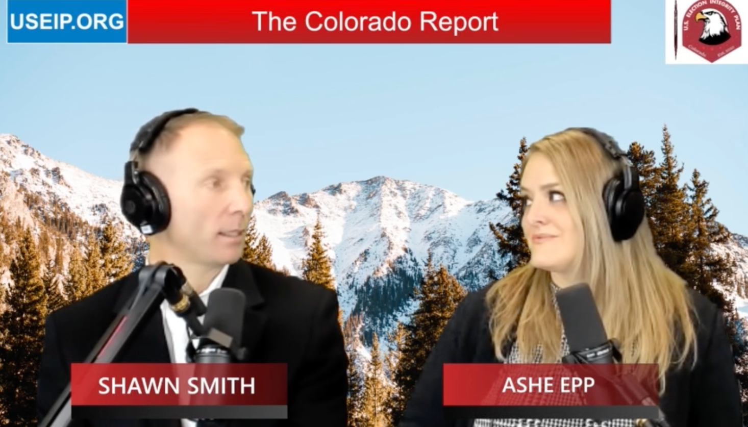 Two people speaking on a podcast.