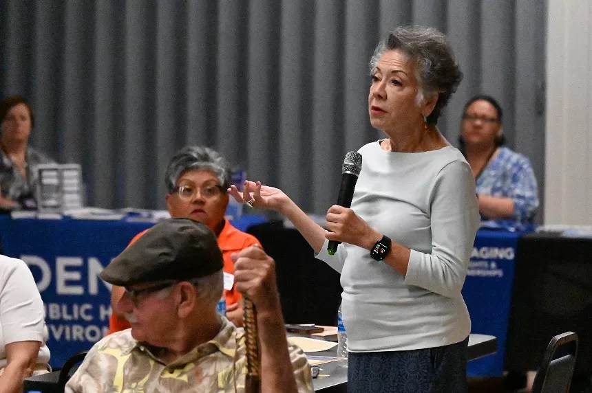 woman talking into mike at meeting
