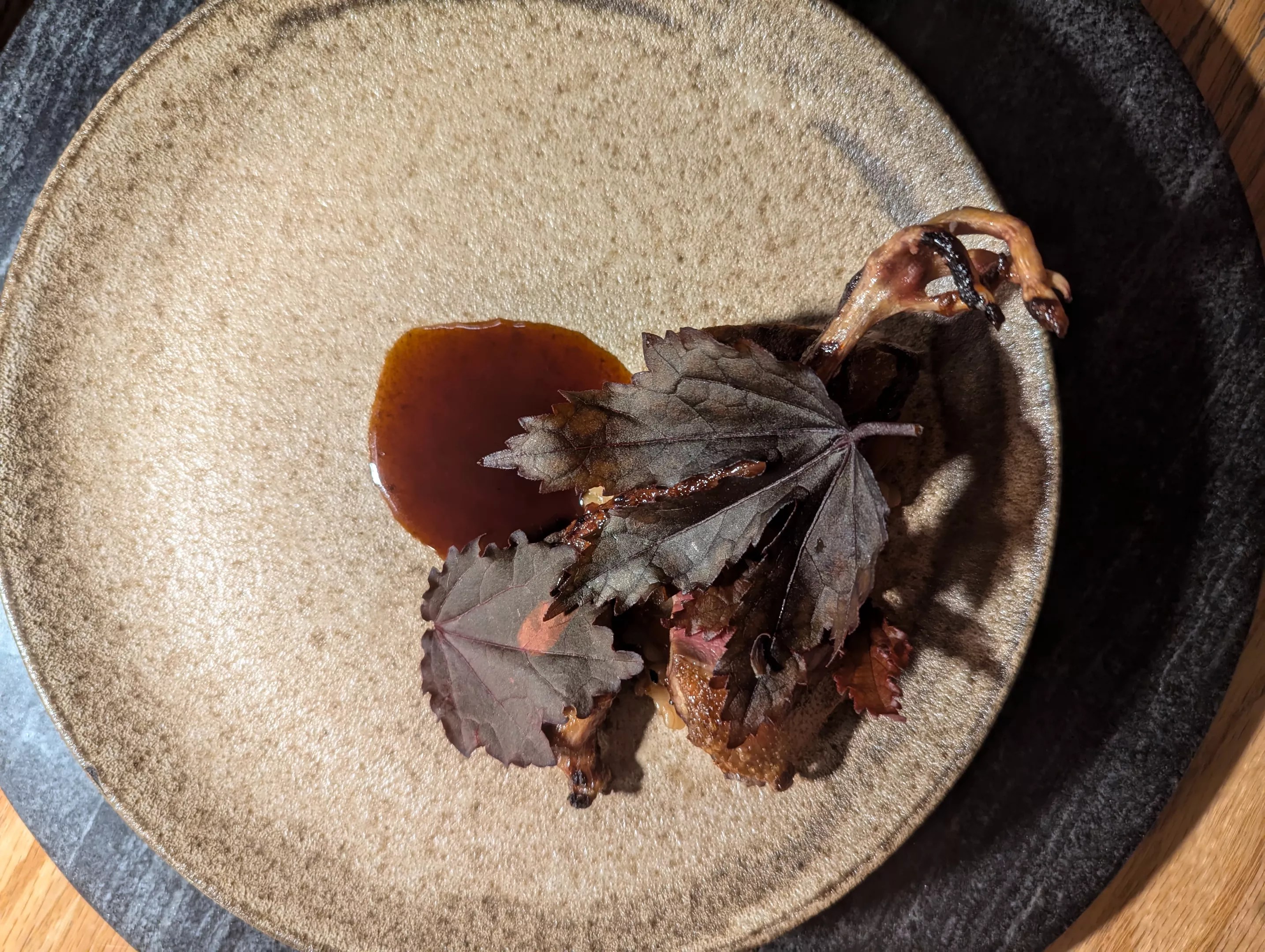 leg of squab on a plate under dark purple leaves