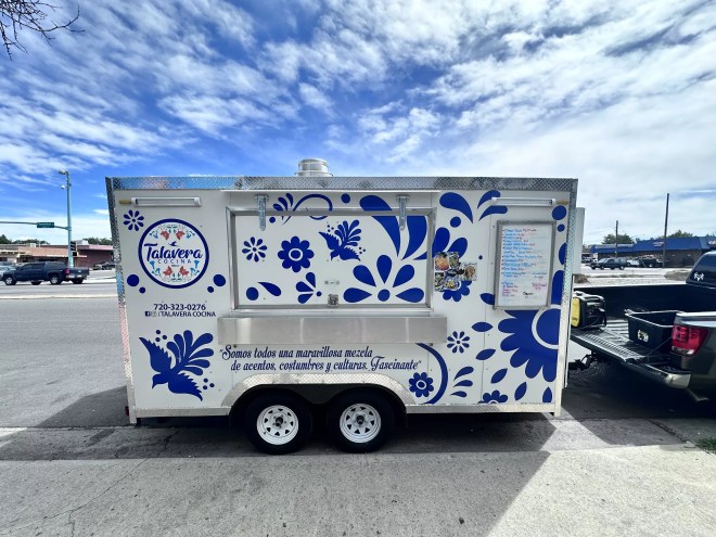 blue and white food trailer