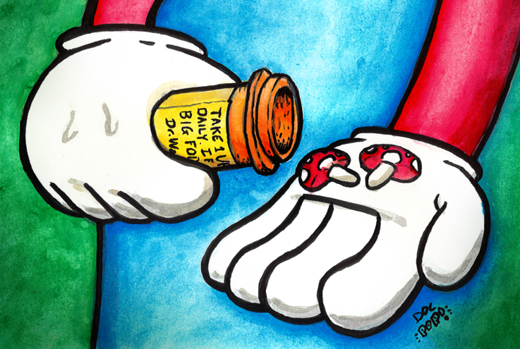 Painting of cartoon hands holding magic mushrooms