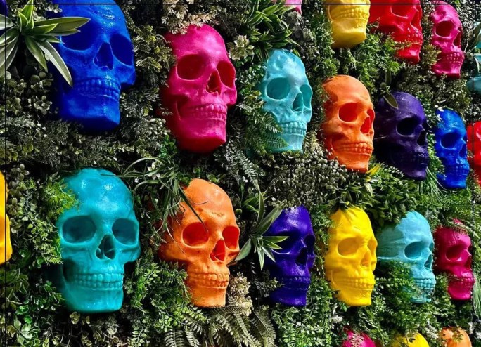 colorful fake skulls