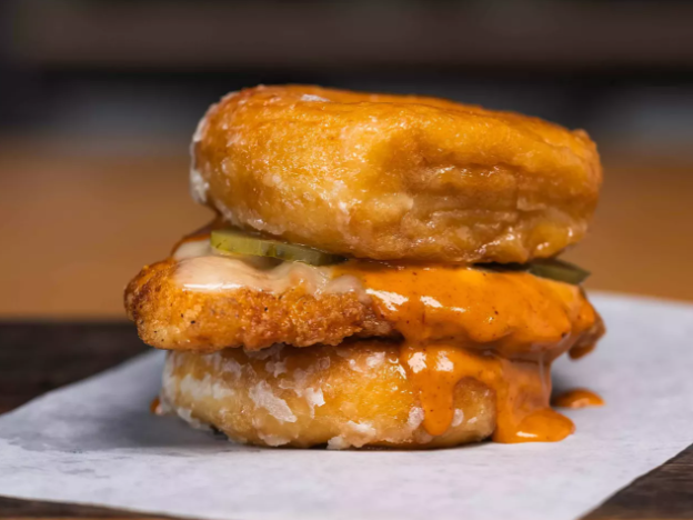 fried chicken sandwich on a donut bun